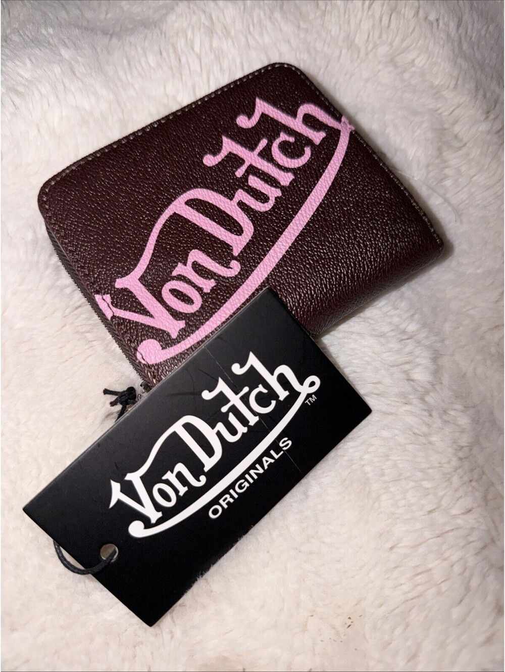 Von Dutch Hot Brown/pink Zip Up Bifold Faux Leather Wallet White Logo Accent NWT
